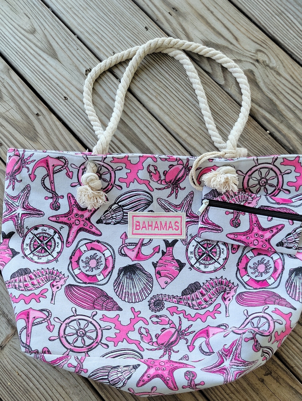 Bahamas Pink Nautical Large Canvas Tote with Rope Handles